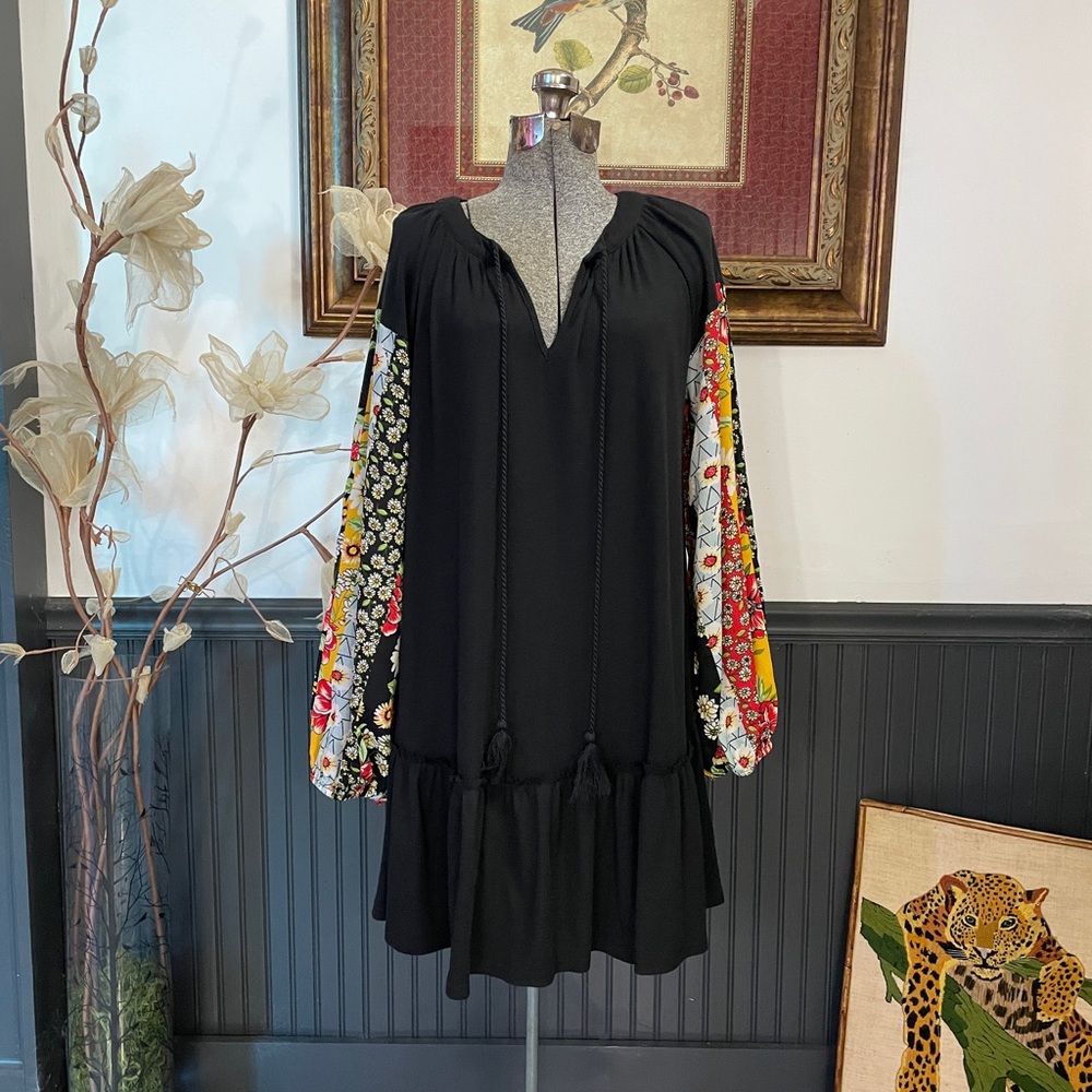 Umgee Black Midi Dress with Multicolor Floral Balloon Sleeves